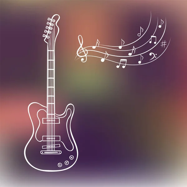 Guitarra eléctrica y notas musicales sobre fondo borroso, vector dibujado a mano. Fondo musical . — Vector de stock