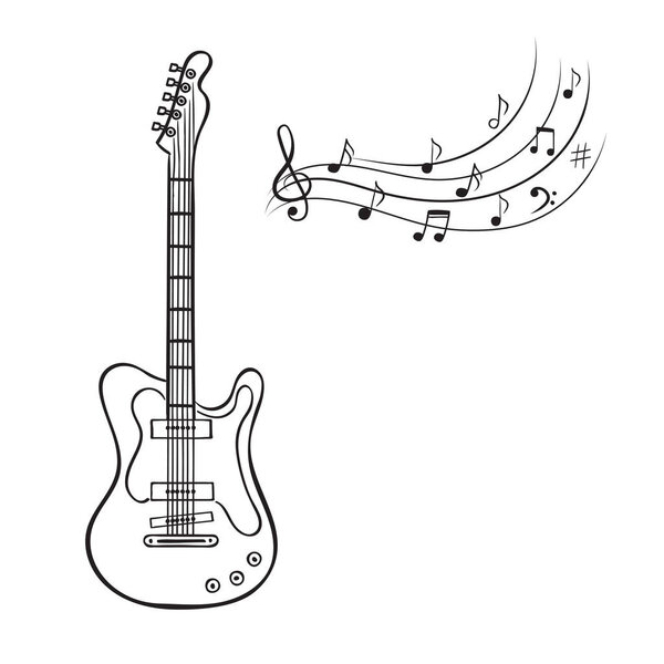 Guitarra eléctrica y notas musicales vector dibujado a mano. Fondo musical . — Vector de stock