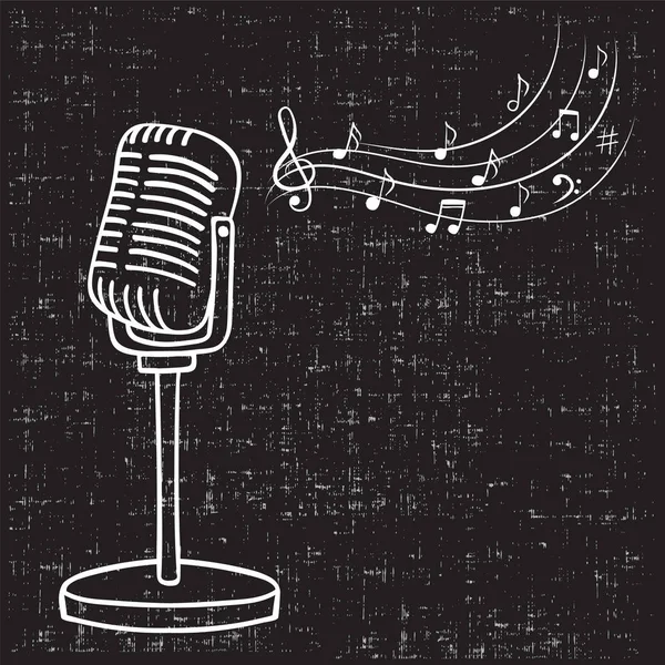 Starý mikrofon a hudební poznámky, ručně kreslenou vektorové. Ročník hudební pozadí. — Stockový vektor