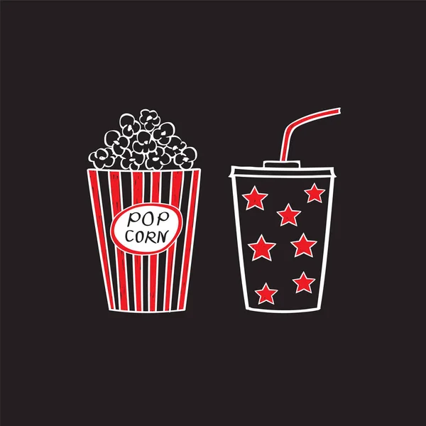 Popcorn und Getränk, isolierte Vektorillustration. Kino-Ikonen kritzeln — Stockvektor