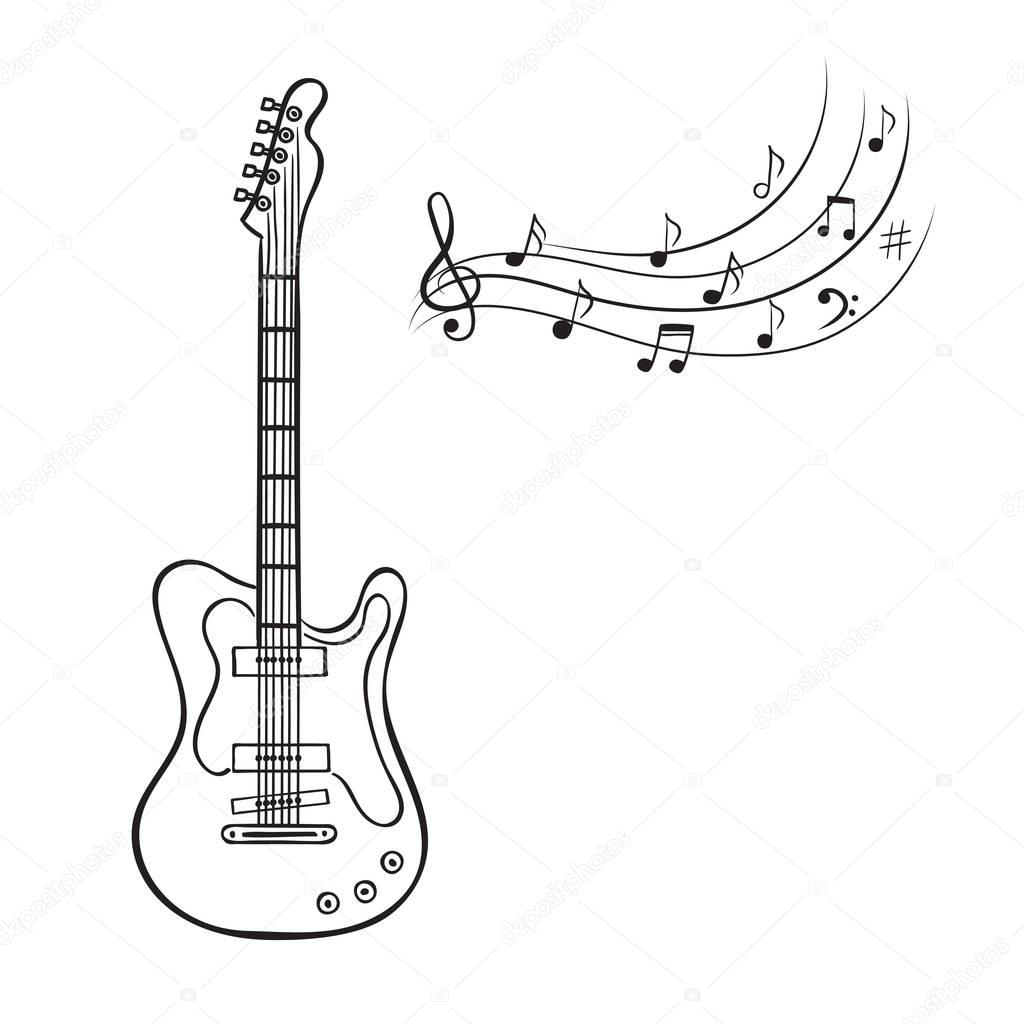 Electric guitar and music notes hand drawn vector. Music background.