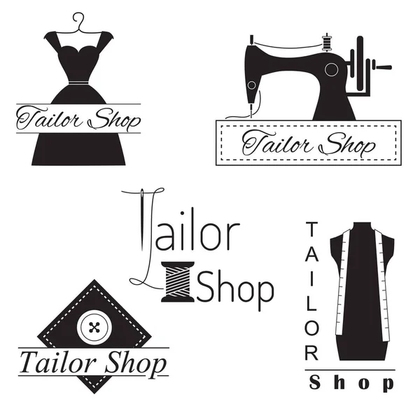 Set of tailoring labels, badges and emblems on blurred background. Sewing, dressmaking design elements vector. Royalty Free Stock Vectors