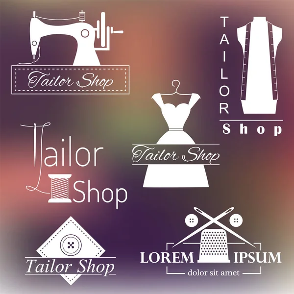 Set of tailoring labels, badges and emblems on blurred background. Sewing, dressmaking design elements vector. Royalty Free Stock Illustrations