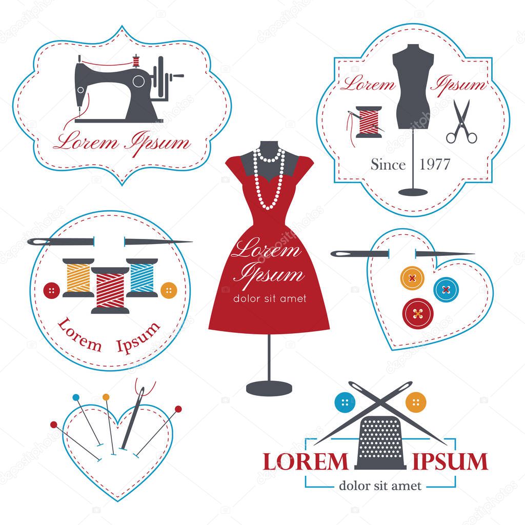 Set of tailor labels, badges and emblems . Tailor shop design elements vector.