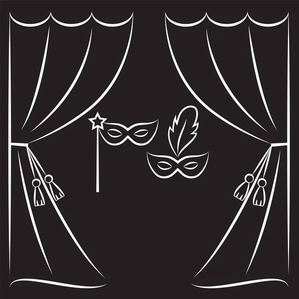 Rideau de théâtre et masques illustration vectorielle ligne . — Image vectorielle