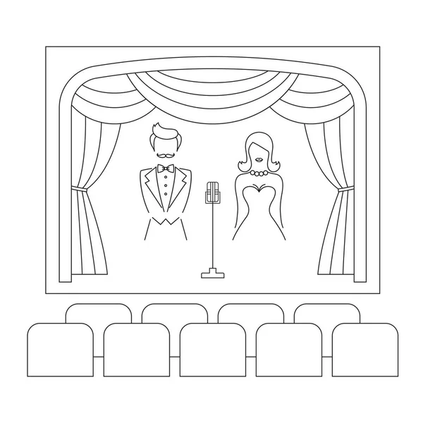 Escenario de teatro con cortina, emcee, actores, micrófono y asientos, ilustración de línea vectorial . — Archivo Imágenes Vectoriales