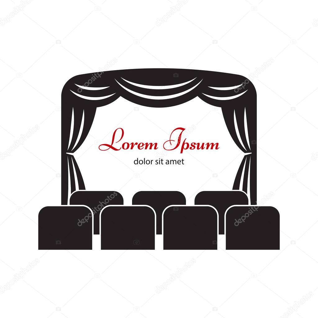 Theater or cinema logo, label or badge template. Theater or cinema icon. Theater stage with curtain and seats vector illustration.