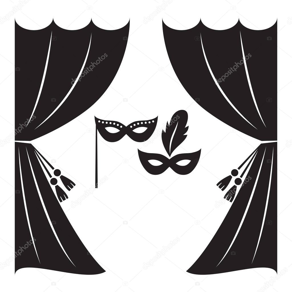 Theater curtain and masks vector illustration. Theater logo, label or badge template.