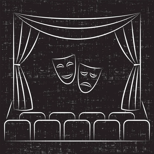 Escenario de teatro con cortina, asientos, máscaras de teatro de comedia y tragedia, ilustración estilo boceto . — Archivo Imágenes Vectoriales