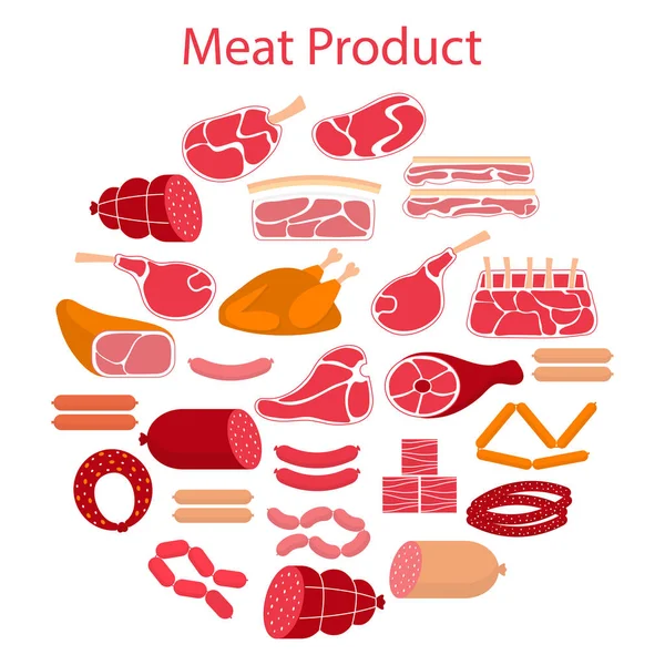 Platte vectorillustratie met verschillende soorten vlees — Stockvector