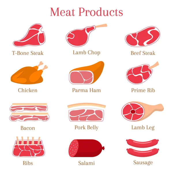 Ilustración plana vectorial con diferentes tipos de carne — Archivo Imágenes Vectoriales