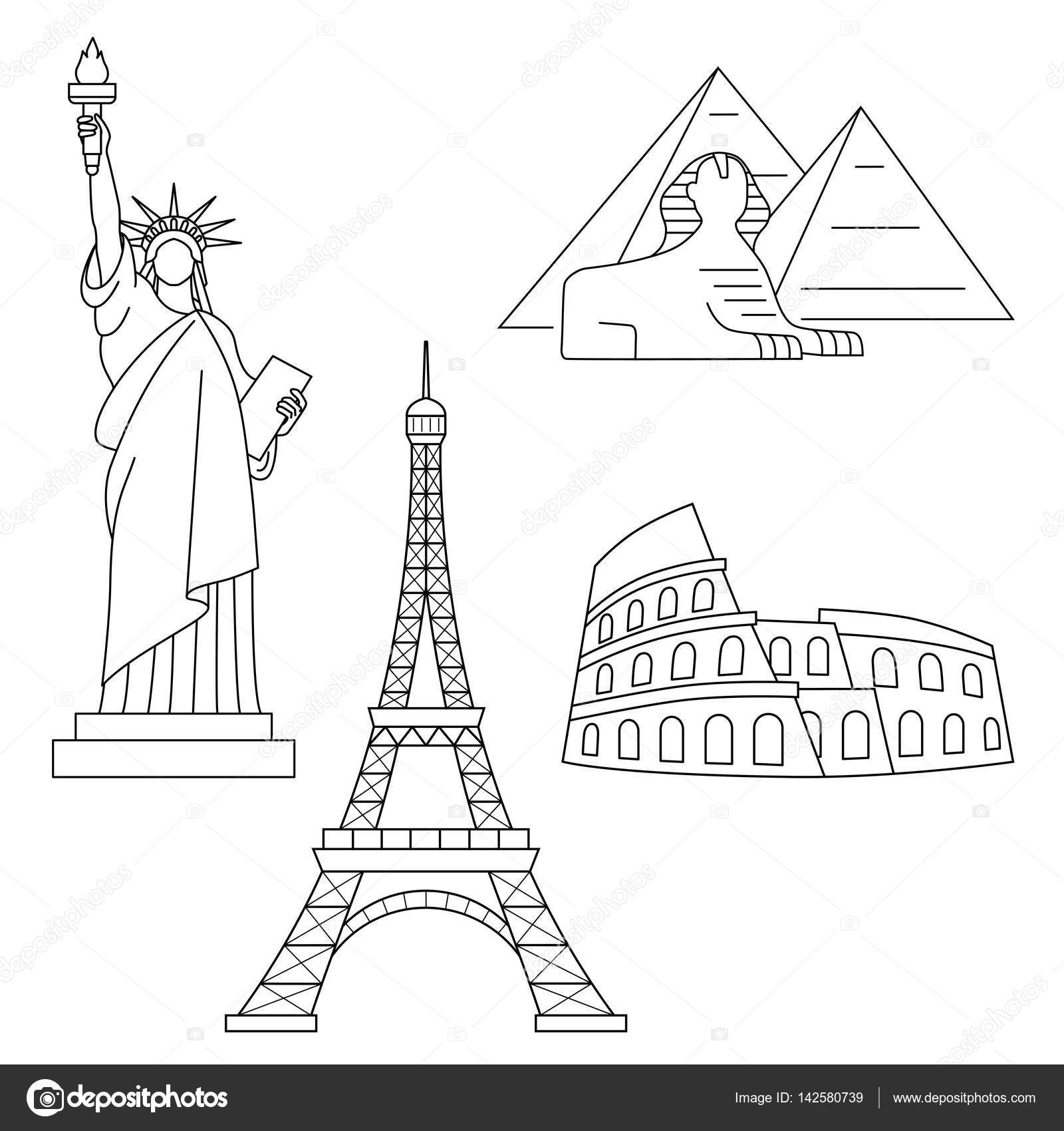 World Landmarks, Eiffel Tower, Statue of liberty, Sphinx, Colosseum