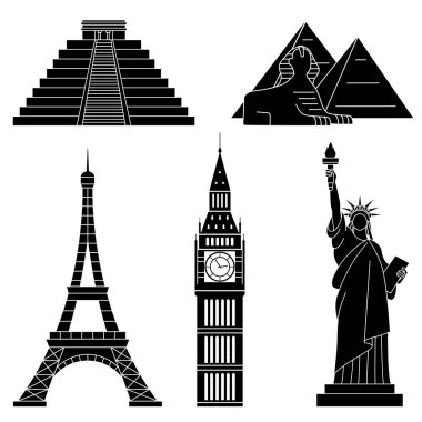 World Landmarks, Eiffel Tower, Statue of liberty,Chichen Itza,Big Ben, Sphinx. Vector flat icons set. clipart
