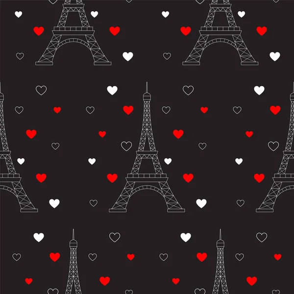 Tour Eiffel et coeurs, motif vectoriel sans couture. Paris romantique fond de Saint Valentin . — Image vectorielle