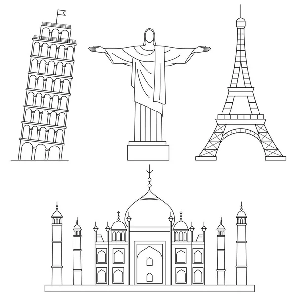 Παγκόσμια Αξιοθέατα, Πύργος του Άιφελ, Κεκλιμένος Πύργος της Πίζας, ο Χριστός ο Λυτρωτής, Taj Muhal. Διάνυσμα σύνολο εικονίδια γραμμής. — Διανυσματικό Αρχείο