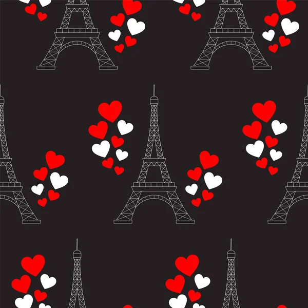 Tour Eiffel et coeurs, motif vectoriel sans couture. Paris romantique fond de Saint Valentin . — Image vectorielle