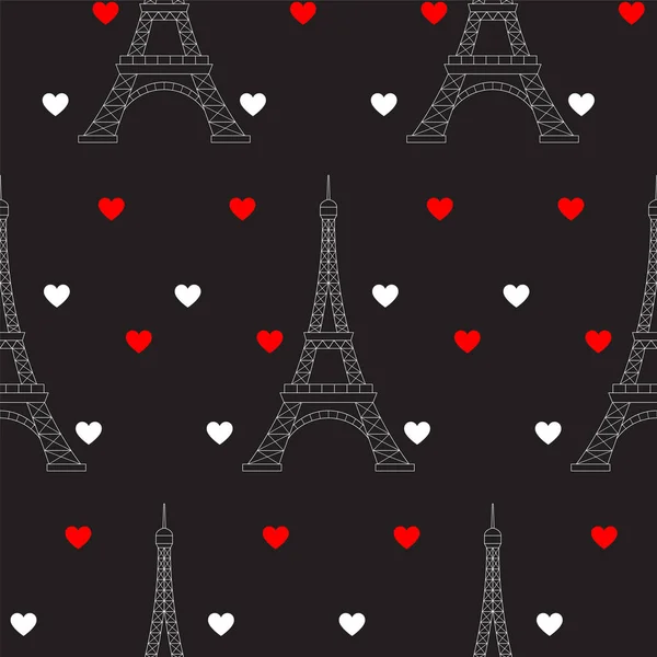 Eyfel Kulesi ve kalpleri, vektör seamless modeli. Paris Romantik Sevgiliye arka plan. — Stok Vektör