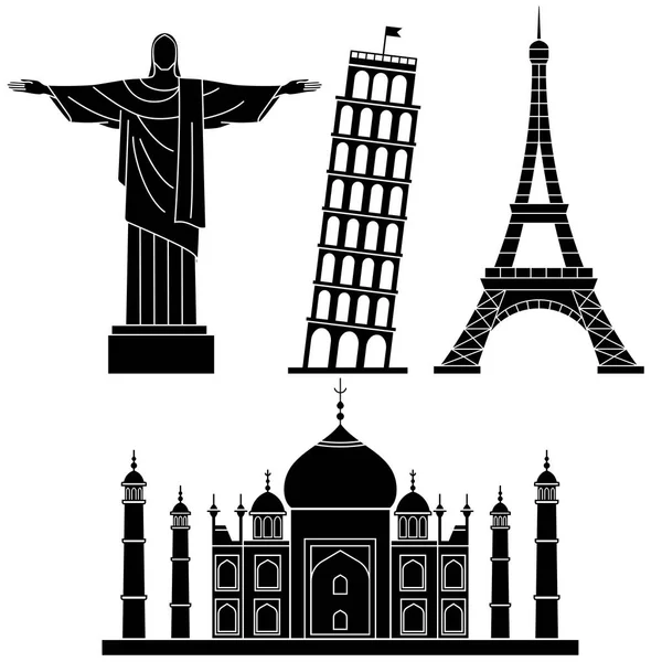 Wahrzeichen der Welt, schiefer Turm von Pisa, Eiffelturm, Christus der Erlöser, Taj Mahal. Vektor flache Symbole gesetzt. — Stockvektor