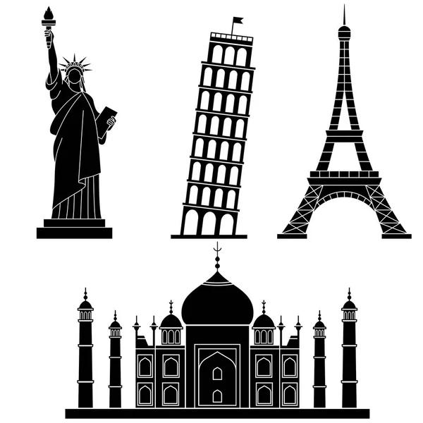 World Landmarks Estátua da Liberdade, Torre Eiffel, Torre Inclinada de Pisa, Taj Mahal. Conjunto de ícones planos vetoriais . — Vetor de Stock