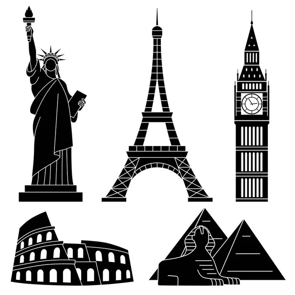 Monumenten van de wereld, Eiffeltoren, Vrijheidsbeeld, Big Ben, Colosseum, Sphinx. Vector platte icons set. — Stockvector