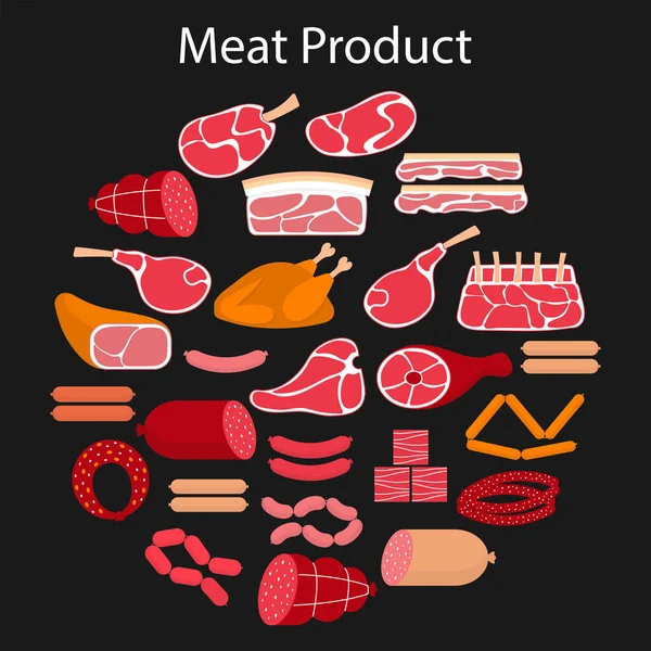 Vektorflache Illustration mit verschiedenen Fleischsorten — Stockvektor