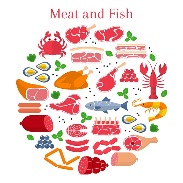 Ilustrasi vektor datar dengan berbagai jenis daging dan ikan - Stok Vektor