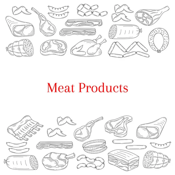 Vector card template with different kinds of meat products — Stock Vector