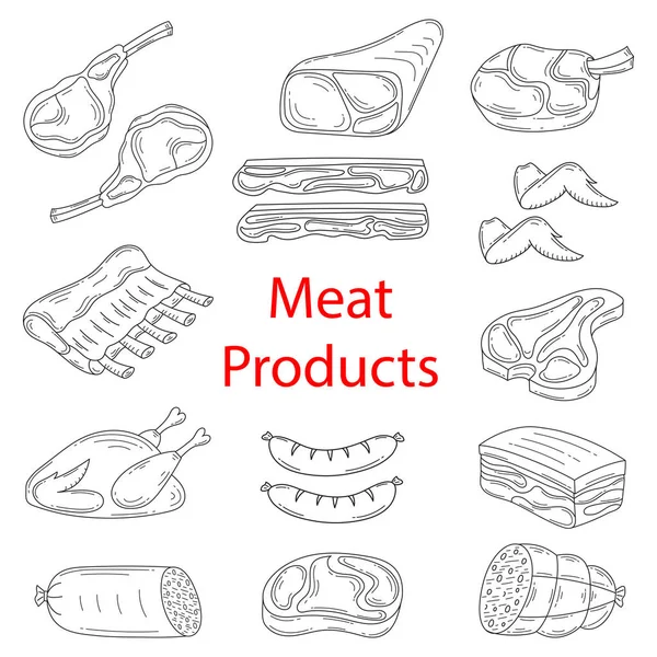 Illustrazione schizzo vettoriale dei prodotti a base di carne — Vettoriale Stock