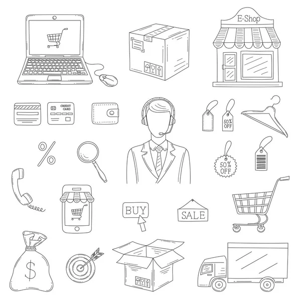 Conjunto vetorial de ícones de comércio eletrônico desenhados à mão — Vetor de Stock