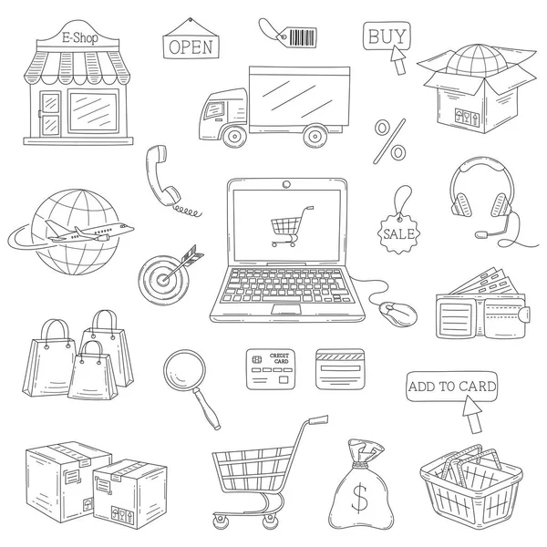 Vector set hand getrokken eCommerce iconen set — Stockvector