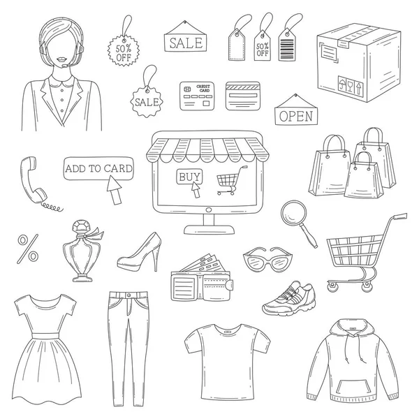 Ensemble vectoriel d'icônes de shopping en ligne dessinées à la main — Image vectorielle