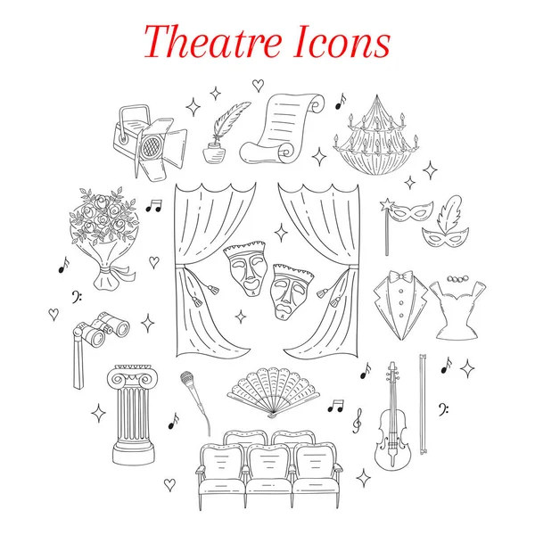 Vector set theater pictogrammen hand getrokken, doodle. — Stockvector