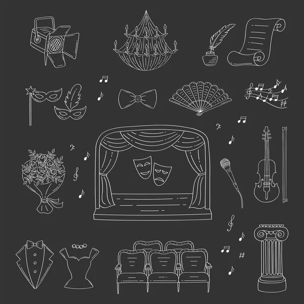 Conjunto vetorial de ícones de teatro desenhados à mão, doodle . — Vetor de Stock