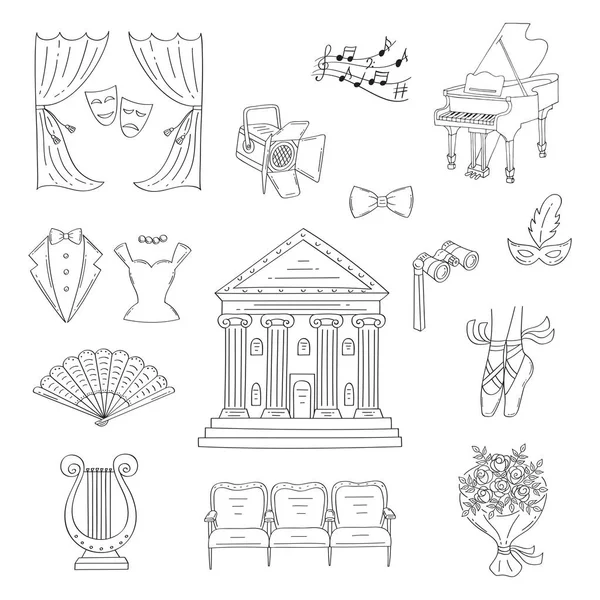 Conjunto vetorial de ícones de teatro desenhados à mão, doodle . — Vetor de Stock