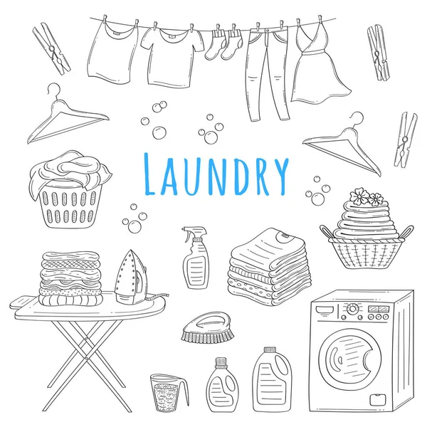 Laundry service hand drawn doodle icons set, vector illustration. — Stock Vector