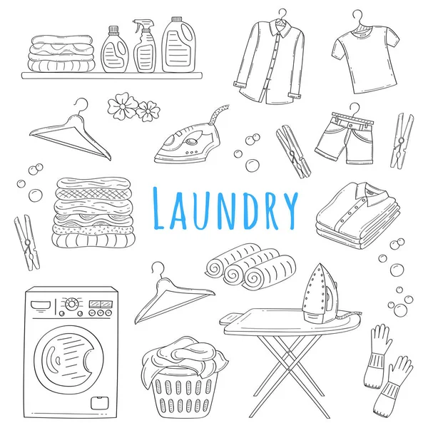 Ustawić ikony doodle wyciągnąć rękę usług pralni, ilustracja wektorowa. — Wektor stockowy