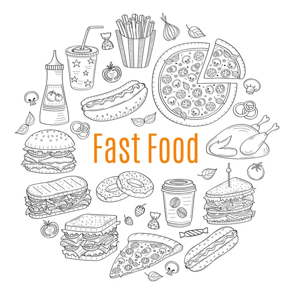 Ilustracja wektorowa szkic fast food okrągłym kształcie — Wektor stockowy