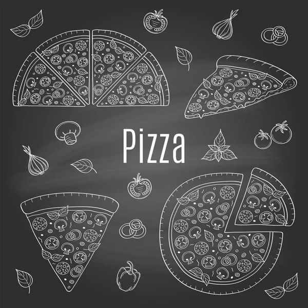 Conjunto de pizza entero y rebanadas, ilustración vectorial dibujada a mano . — Vector de stock