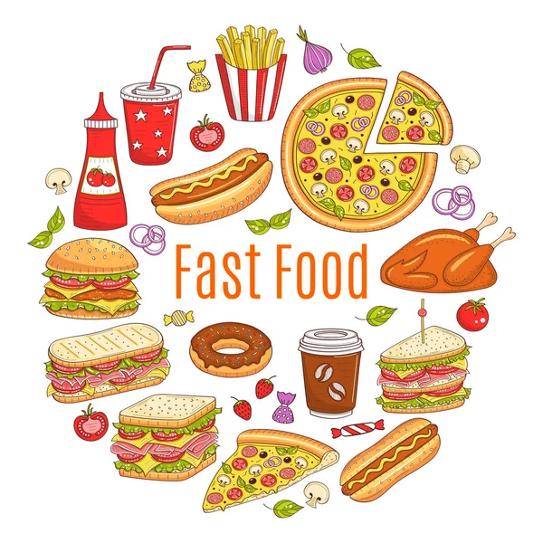 Illustrazione schizzo vettoriale di fast food forma circolare — Vettoriale Stock