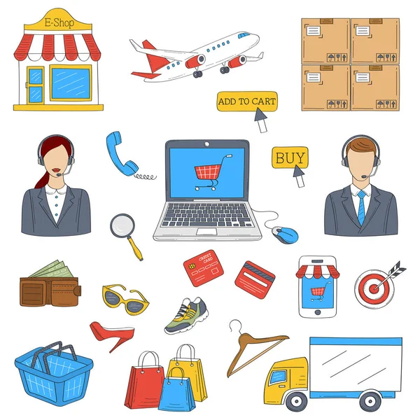 Mão de compras on-line desenhado conjunto de ícones doodle — Vetor de Stock