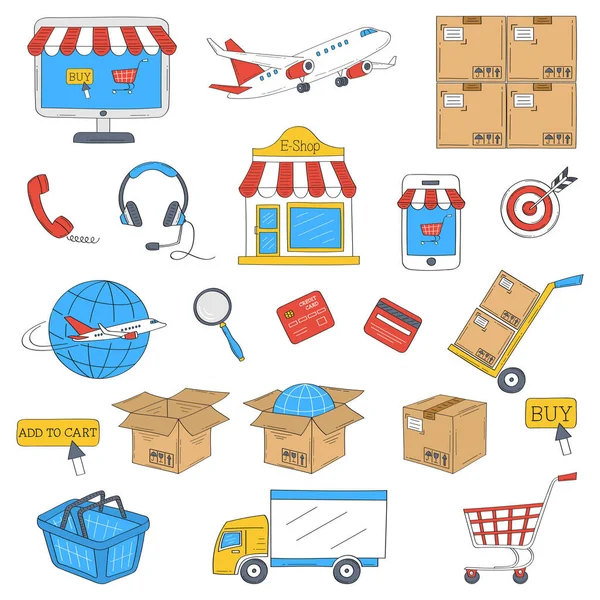 E-kereskedelem és online vásárlás kézzel rajzolt ikonok beállítása, vektoros illusztráció. — Stock Vector