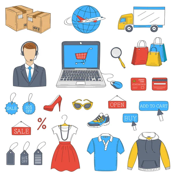 Online winkelen van de hand getekende pictogrammen instellen, vector illustratie. — Stockvector