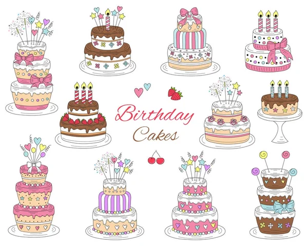 Conjunto de pasteles de cumpleaños, vector dibujado a mano colorido doodle ilustración . — Vector de stock