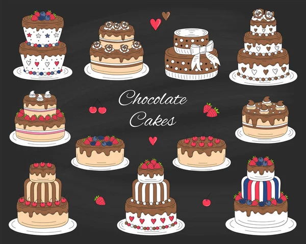 Набір шоколадних тортів, векторна намальована рука, барвиста каракулева ілюстрація . — стоковий вектор