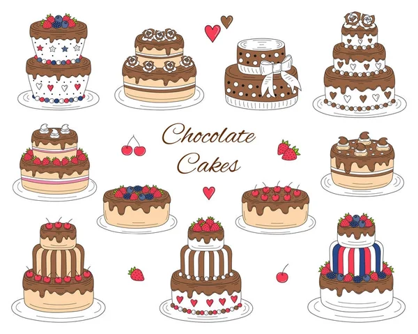 Čokoládové dorty sada, vektorové ručně kreslenou, ilustrace barevné doodle. — Stockový vektor