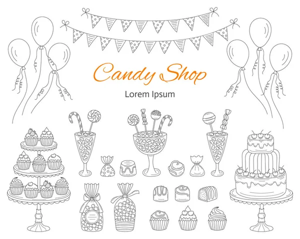 Illustrazione vettoriale del negozio di caramelle, stile scarabocchio disegnato a mano . — Vettoriale Stock