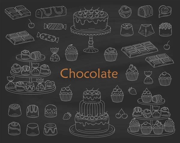 Čokoládový dezert kolekce, čokoládové dorty, čokoládové tyčinky, sladké cukroví a koláčky, vektorové ilustrace. — Stockový vektor