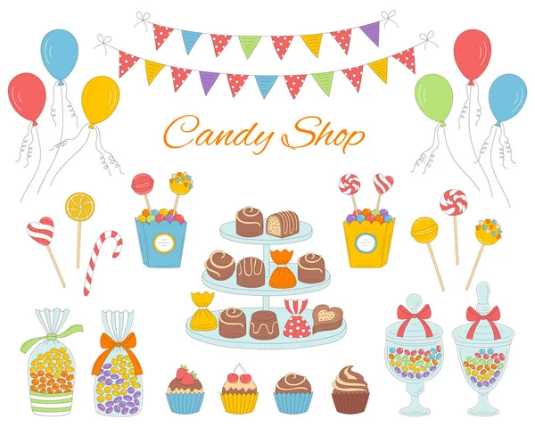 Векторна ілюстрація цукеркового магазину з різнокольоровими цукерками, намальований вручну каракулем стиль . — стоковий вектор