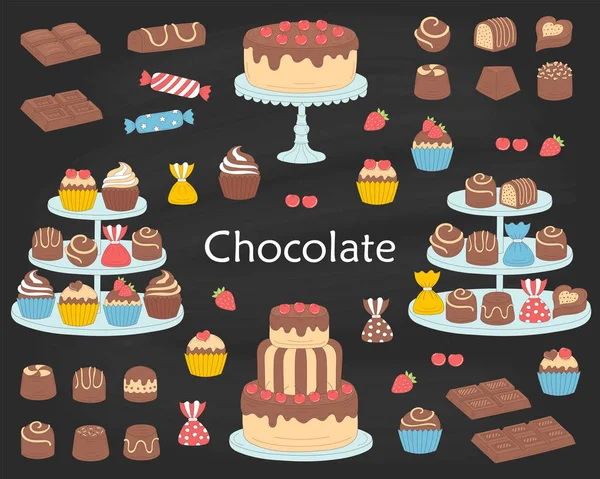 Chocolate dessert collection, with chocolate cherry cakes, chocolate bars, sweet candies and cupcakes, vector illustration. — Stock Vector