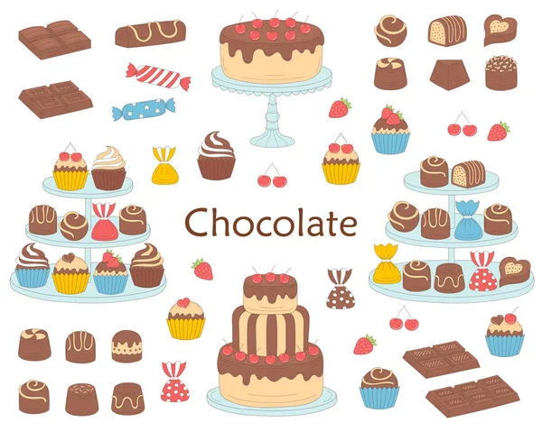 Συλλογή επιδόρπιο σοκολάτα, με σοκολάτα κεράσι κέικ, σοκολάτες, γλυκά καραμέλες και cupcakes, εικονογράφηση διάνυσμα. Διανυσματικά Γραφικά